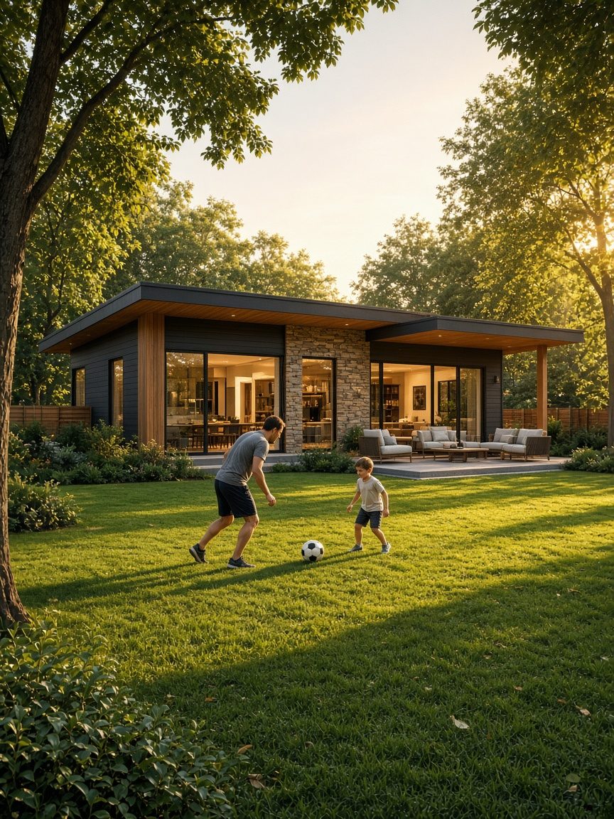 Design rendering of a parent and child playing soccer in a home's backyard under tall trees