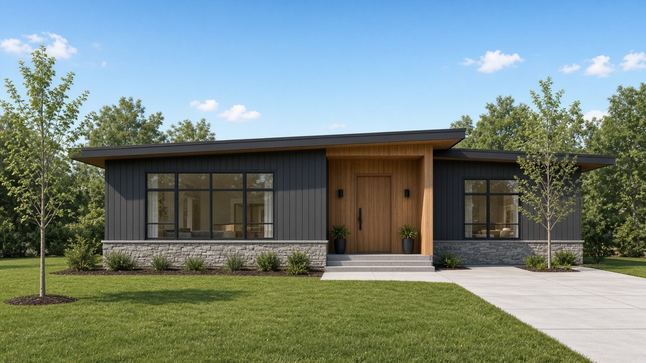 Design rendering of the front of a single-story home with dark siding, stone base, large windows and a wood front door